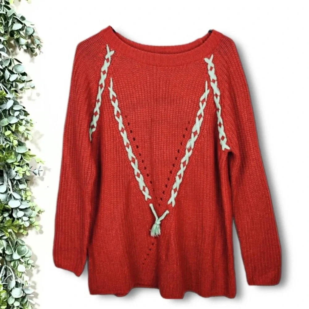 Hayden LA Lace up Braid Tassel Sweater Rust orange kids sweater - Picture 3 of 9
